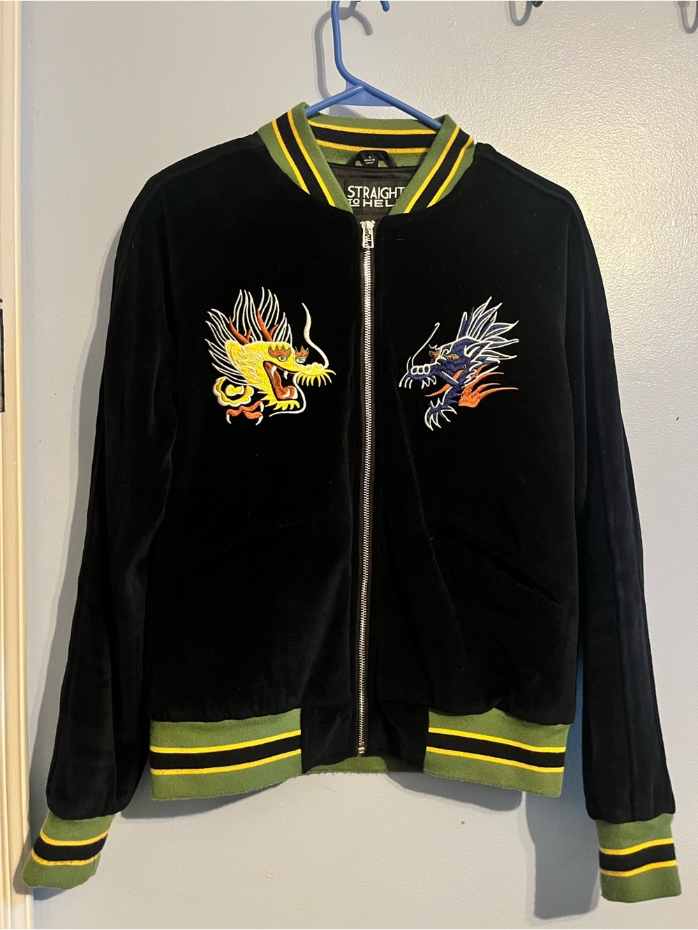 Straight to Hell Dragon Bomber Jacket in Black, Yellow & Green